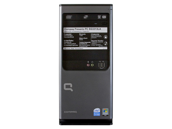 Computadora Compaq Presario SG3313LA,
Procesador Intel Pentium DualCore E2180 (2.0GHz),
Memoria de 1GB PC2-4200 DDR2,
D.D. de 250GB, SuperMulti DVD±R/RW,
Red, Módem, Windows Vista Home Basic,
No Incluye Monitor.
