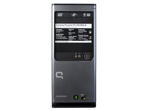 Computadora Compaq Presario SG3502LA,
Procesador AMD Sempron LE-1150 (2.0GHz),
Memoria de 1GB PC2-5300 DDR2,
D.D. de 250GB, SuperMulti DVD±R/RW,
Red, Módem, Windows Vista Starter,
No Incluye Monitor.