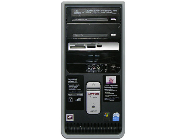 Computadora Compaq Presario SR1717LA,
Procesador Pentium 4 517 HT 2.93 GHz,
Memoria 512MB PC2-4200 DDR2,
D.D. de 80 GB, CD-RW/DVD-ROM Combo,
Red, Módem, Windows XP Home Edition,
No Incluye Monitor