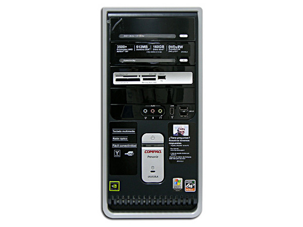 Computadora Compaq Presario SR1918LA,
Procesador AMD Athlon 64 3500+ de 2.2Ghz,
Memoria 512MB PC 3200 DDR,
D.D. de 160GB, DVD±RW/±R Doble Capa,
Red, Módem, Windows XP Home SP2.
No Incluye Monitor