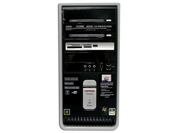 Computadora Compaq Presario SR2015LA,
Procesador AMD Sempron 3400+, 1.8GHz,
Memoria de 512MB PC2-4200 DDR2,
D.D. de 80GB, CD-RW / DVD-ROM Combo,
Red, Módem, Windows XP Home Original,
Sin Monitor.