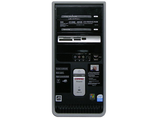 Computadora Compaq Presario SR2017LA,
Procesador Intel Pentium 4 524, 3.06GHz,
Memoria de 512MB PC2-4200 DDR2,
D.D. de 80GB, CD-RW / DVD-ROM Combo,
Red, Módem, Windows XP Home Original,
Sin Monitor.