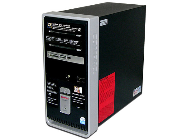 Computadora Compaq Presario SR2103LS,
Procesador Pentium 4 631 a 3.0 GHz,
Memoria de 512MB PC2-4200 DDR2,
D.D. de 80GB,Multi DVD±R/RW/RAM LightScribe,
Red, Módem, No Incluye Sistema Operativo,
No Incluye Monitor.