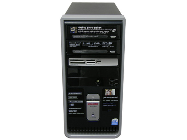 Computadora Compaq Presario SR2103LS,
Procesador Pentium 4 631 a 3.0 GHz,
Memoria de 512MB PC2-4200 DDR2,
D.D. de 80GB,Multi DVD±R/RW/RAM LightScribe,
Red, Módem, No Incluye Sistema Operativo,
No Incluye Monitor.