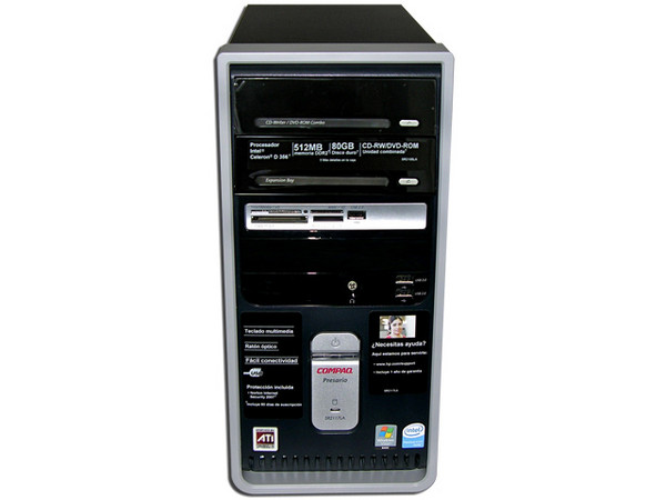 Computadora Compaq Presario SR2105LA,
Procesador Intel Celeron D 356+, 3.33GHz,
Memoria de 512MB PC2-4200 DDR2,
D.D. de 80GB, CD-RW / DVD-ROM Combo,
Red, Módem, Windows Vista Home Basic,
No Incluye Monitor.