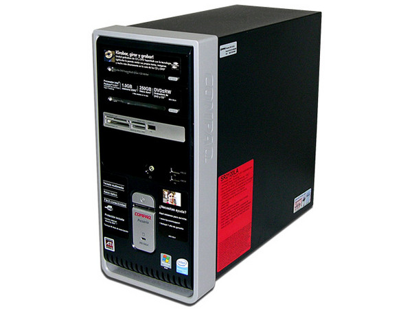 Computadora Compaq Presario SR2120LA,
Procesador Pentium 4 631 a 3.0 GHz,
Memoria de 1GB PC2-4200 DDR2,
D.D. de 250GB, Multi DVD±R/RW/RAM LightScribe,
Red, Módem, Windows Vista Home Basic,
No Incluye Monitor.