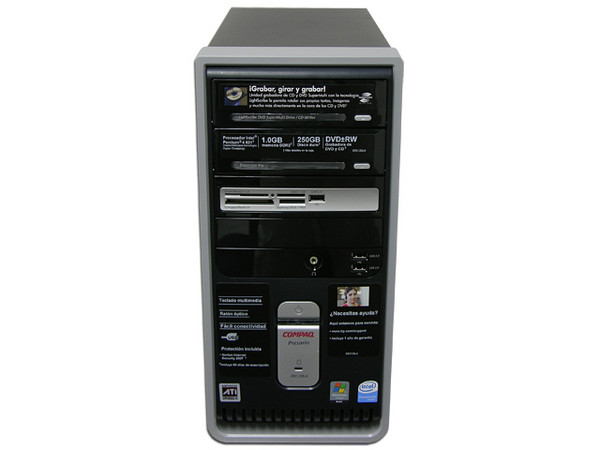 Computadora Compaq Presario SR2120LA,
Procesador Pentium 4 631 a 3.0 GHz,
Memoria de 1GB PC2-4200 DDR2,
D.D. de 250GB, Multi DVD±R/RW/RAM LightScribe,
Red, Módem, Windows Vista Home Basic,
No Incluye Monitor.