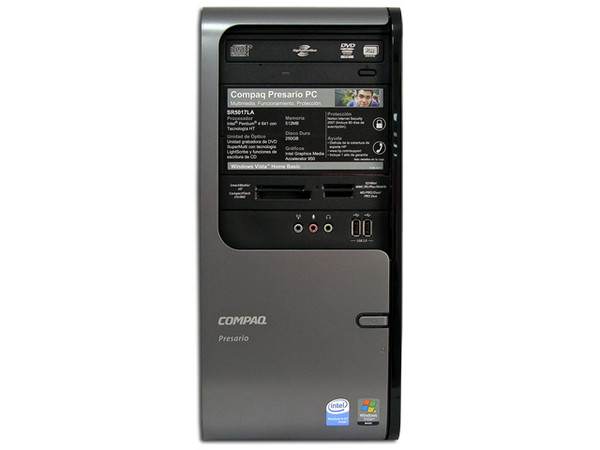 Computadora Compaq Presario SR5017LA,
Procesador Intel Pentium 4 641 HT (3.2 GHz),
Memoria 512MB (1 x 512) PC2-4200 DDR2,
D.D. de 250GB SATA, Super Multi DVD±R/RW LightScribe,
Red, Módem, Windows Vista Home Basic.
No Incluye Monitor