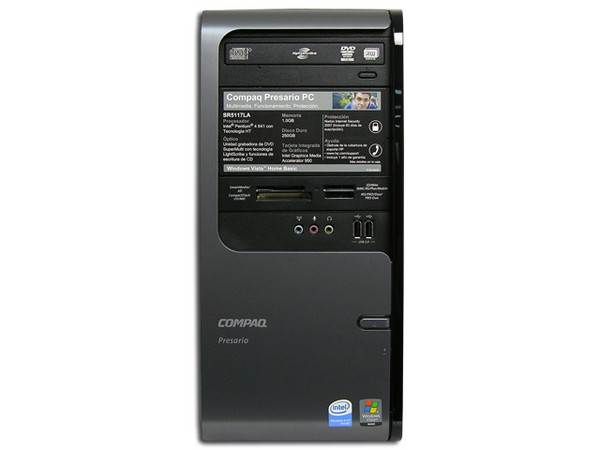 Computadora Compaq Presario SR5117LA,
Procesador Intel Pentium 4 641, 3.2 GHz,
Memoria 1 GB PC2-4200 DDR2,
D.D. de 250GB Serial ATA, Super Multi DVD±R/RW,
Red 10/100, Módem 56K, Windows Vista Home Basic,
No Incluye Monitor