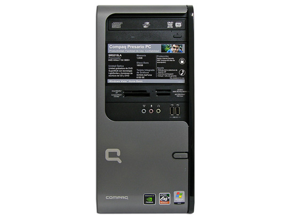 Computadora Compaq Presario SR5215LA,
Procesador AMD Athlon 64 Modelo 3800+ de 2.4Ghz,
Memoria 1 GB PC2-5300 DDR2,
D.D. de 160GB, Super Multi DVD±R/RW,
Red 10/100, Módem 56K, Windows Vista Home Basic,
No Incluye Monitor.