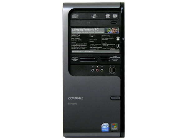 Computadora Compaq Presario PC SR5217LA,
Procesador Intel Dual-Core E2140 (1.6 GHz),
Memoria de 1GB PC2-4200 DDR2,
D.D. de 250GB, DVD±R/RW LightScribe,
Red, Módem, Windows Vista Home Basic,
No Incluye Monitor.
