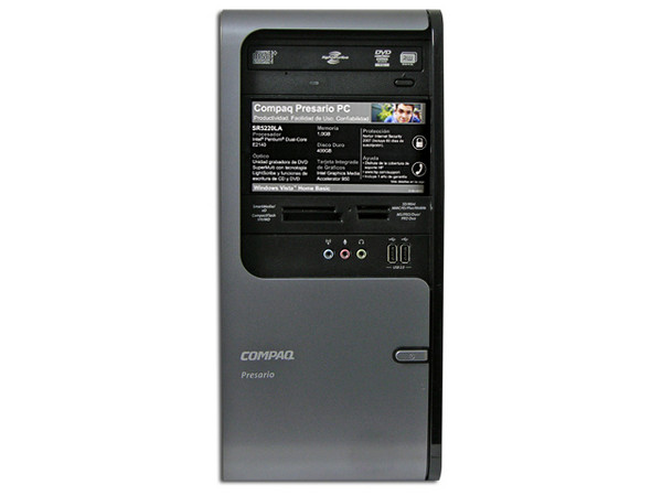 Computadora Compaq Presario SR5220LA,
Procesador Intel Pentium Dual-Core E2140 (1.6GHz),
Memoria de 1GB PC2-4200 DDR2,
D.D. de 400GB, DVD±R/RW LightScribe,
Red, Módem, Windows Vista Home Basic,
No Incluye Monitor.