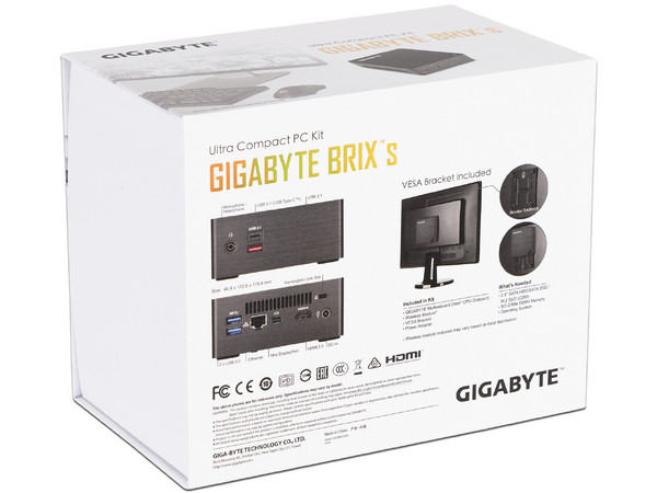 Mini Computadora Gigabyte PC BRIX: 
Procesador Intel Core i3-7100U (2.40 GHz), 
Soporta RAM de hasta 32GB DDR4, 
Puerto de Almacenamiento para 2.5” HDD/SSD, 7.0/9.5 mm,
Red 802.11b/g/n, 
Compatible Windows 7 hasta Windows 10 (64 bits), 
No incluye 