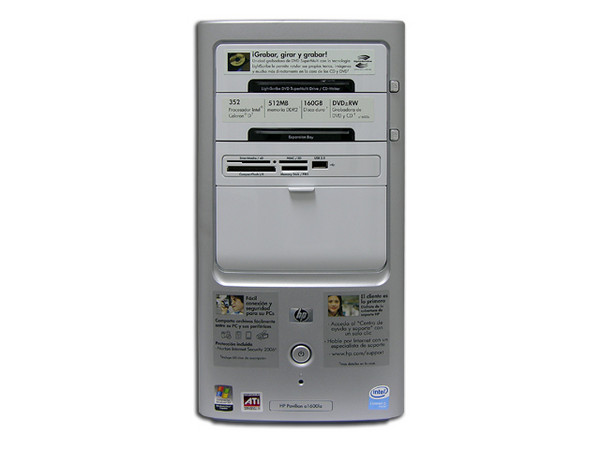 Computadora HP Pavilion a1600LA,
Procesador Celeron D 352, 3.2GHz,
Memoria 512MB PC2-4200 DDR2,
D.D. de 160 GB, Super MultiDVD±R/RW/RAM,
Tarjeta de sintonía de TV con Control Remoto,
Red, Módem, Windows XP Home
No Incluye Monitor