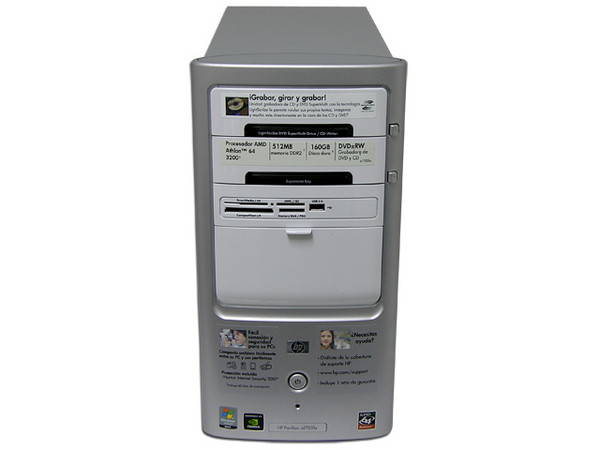 Computadora HP Pavilion a1705LA,
Procesador Athlon 64 3200+, 2.0 GHz,
Memoria 512MB PC2-4200 DDR2,
D.D. de 160 GB, Super Multi DVD±R/RW,
Red, Módem, Windows Vista Home Basic,
No Incluye Monitor