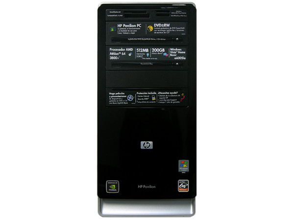 Computadora HP Pavilion a6005la,
Procesador Athlon 64 3800+, 2.4 GHz,
Memoria 512MB PC2-4200 DDR2,
D.D. de 200 GB, Super Multi DVD±R/RW,
Red, Módem, Windows Vista Home Basic,
No Incluye Monitor