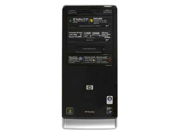 Computadora HP Pavilion PC TV a6410la,
Procesador AMD Phenom X3 8400 de (2.1GHz),
Memoria 2GB PC2-6400 DDR2, Sintonizadora TV,
D.D. de 320GB SATA, SuperMulti DVD±R/RW LightScribe,
Red, Módem, Windows Vista Home Premium,
Monitor LCD w1907 de 19
