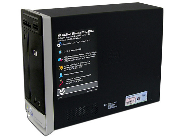 Computadora HP Pavilion Slimline s3220la,
Procesador Intel Core 2 Duo E4500 (2.2Ghz),
Memoria 1 GB (1x1024) PC2-5300 DDR2,
D.D. de 320GB SATA, Super Multi DVD±R/RW,
Red, Módem, Windows Vista Home Basic,
Monitor LCD W1907 19
