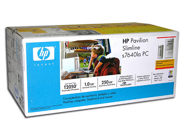 Computadora HP Pavilion Slimline s7640la,
Procesador Intel Core Duo T2050 (1.6Ghz),
Memoria 1GB PC2-4200 DDR2,
D.D. de 250 GB, Super Multi DVD±R/RW/RAM,
Red, Módem, Windows XP Media Center Edition.
No Incluye Monitor