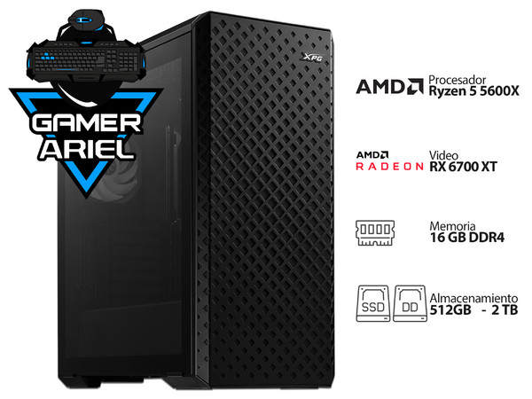 PC Gamer PCEL ARIEL XPG Z-XIII,
Video Radeon  RX 6700 XT,
Procesador AMD Ryzen 5 5600X (hasta 4.60 GHz),
Memoria de 16GB DDR4,
Disco Duro de 2TB,
SSD de 512GB,
S.O. No Incluye