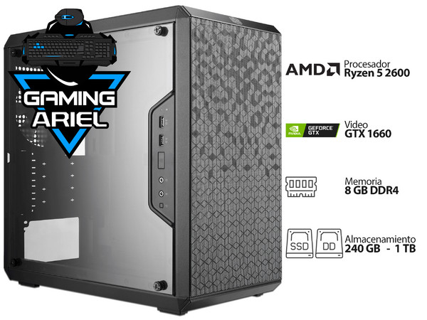 Desktop Gaming Ariel Z-VI:
Procesador AMD Ryzen 5 2600 (hasta 3.9GHZ),
Memoria de 8GB DDR4,
Disco Duro de 1TB,
SSD de 240GB,
Video NVIDIA GeForce GTX 1660 con 6GB GDDR5,
S.O. No Incluye