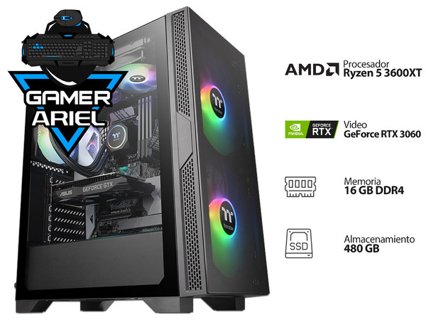PC Gamer PCEL Ariel Z-XII,
Video GeForce RTX 3060,
Procesador AMD Ryzen 5 3600XT (hasta 4.50 GHz),
Memoria de 16GB DDR4,
Disco Duro de 2TB,
SSD de 480GB,
S.O. No Incluye