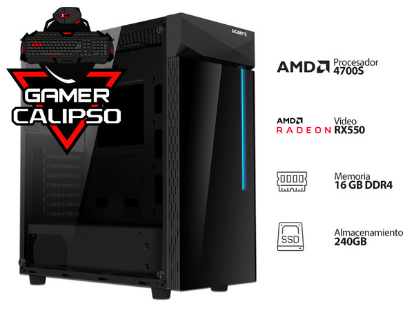 PC Gamer Calipso XI-VI:
Video Radeon RX550,
Procesador AMD 4700S (hasta 4.0 GHz),
Memoria de 16GB DDR4,
SSD de 240GB,
S.O. No incluido