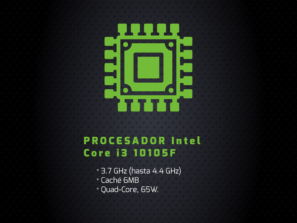 PC Gamer Calipso XI-I,
Video GeForce GT 1030 con 2GB SDDR4,
Procesador Intel Core i3 10105F (hasta 4.40 GHz),
Memoria de 8GB DDR4,
Disco Duro de 1TB,
SSD de 240GB,
S.O. No Incluye