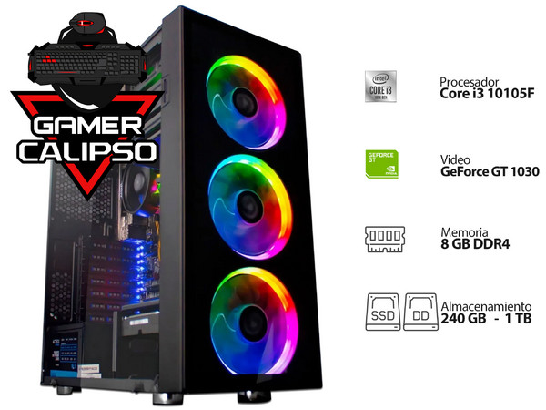 PC Gamer Calipso XI-I,
Video GeForce GT 1030 con 2GB SDDR4,
Procesador Intel Core i3 10105F (hasta 4.40 GHz),
Memoria de 8GB DDR4,
Disco Duro de 1TB,
SSD de 240GB,
S.O. No Incluye