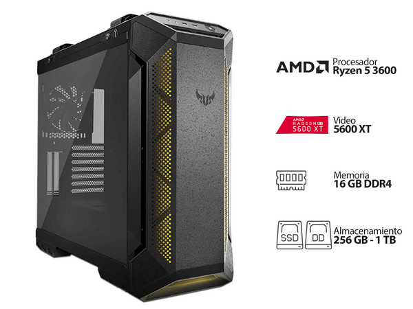 Desktop Gaming TUF AMD Series,
Procesador AMD Ryzen 5 3600 3.6GHz (hasta 4.2GHz),
Memoria de 16GB DDR4,
Disco Duro de 1TB,
SSD NVMe de 256GB,
Video Radeon RX 5600 XT con 6GB GDDR6,
S.O. No Incluye