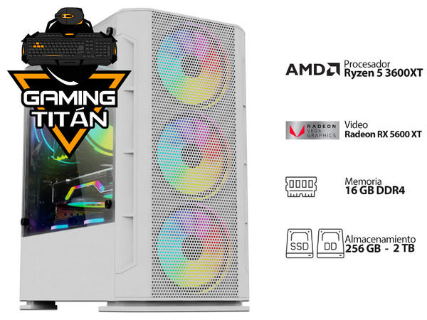 Desktop Gaming Titán X-VI,
Video Radeon RX 5600 XT con 6GB GDDR6,
Procesador AMD Ryzen 5 3600XT (hasta 4.5GHz),
Memoria de 16GB DDR4,
Disco Duro de 2TB,
SSD NVMe de 256GB,
S.O. No Incluye.