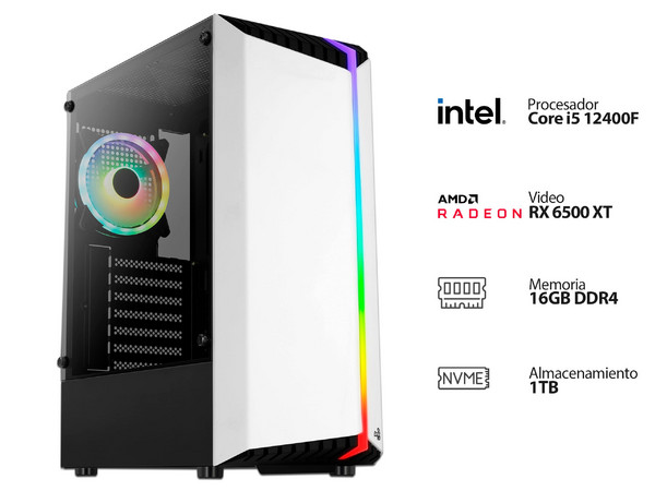 PC Gamer Powerbit BYTE XXXIII WHITE:
Procesador Intel Core i5 12400F (hasta 4.4 GHz),
Memoria de 16GB DDR4,
NVMe M.2 de 1TB,
Video  AMD Radeon RX 6500 XT con 4GB GDDR6,
S.O. Windows 11 Home (Versión de prueba).