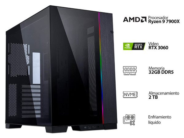 PC Gamer Powerbit TERA IX BLACK:
Procesador AMD Ryzen 9 7900X (hasta 5.6 GHz),
Memoria de 32GB DDR5,
NVMe M.2 de 2TB,
Video NVIDIA GeForce RTX 3060 con 12GB GDDR6,
S.O. Windows 11 Home (Versión de prueba),
Enfriamiento líquido.