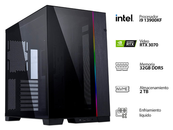 PC Gamer Powerbit TERA XII BLACK:
Procesador Intel Core i9 13900KF (hasta 5.8 GHz),
Memoria de 32GB DDR5,
NVMe M.2 de 2TB,
Video NVIDIA GeForce RTX 3070 con 8GB GDDR6,
S.O. Windows 11 Home (Versión de prueba),
Enfriamiento líquido.