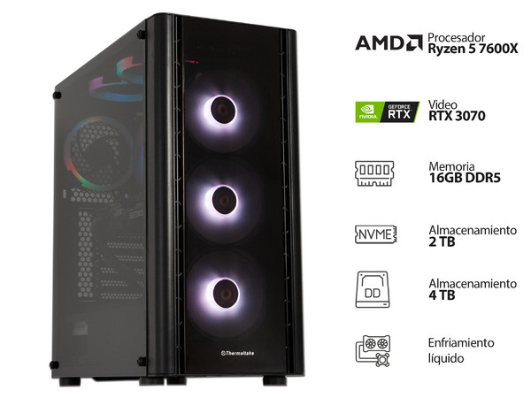 PC Gamer Powerbit MEGA IX BLACK:
Procesador AMD Ryzen 5 7600X (hasta 5.3GHz),
Memoria de 16GB DDR5,
NVMe M.2 de 2TB
Disco Duro de 4TB,
Video NVIDIA GeForce RTX 3070 con 8GB GDDR6,
S.O. Windows 11 (Versión de prueba),
Enfriamiento líquido.