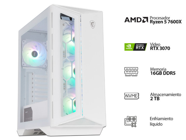 PC Gamer Powerbit MEGA IX WHITE:
Procesador AMD Ryzen 5 7600X (hasta 5.3 GHz),
Memoria de 16GB DDR5,
NVMe M.2 de 2TB,
Video GeForce RTX 3070 con 8GB GDDR6,
S.O. Windows 11 (Versión de prueba),
Enfriamiento líquido.