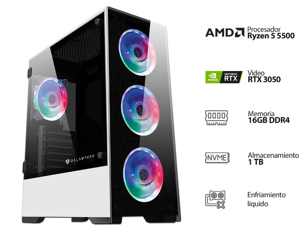 PC Gamer Powerbit BYTE XV WHITE: 
AMD Ryzen 5 5500 (hasta 4.2 GHz)
Memoria de 16GB DDR4,
NVMe M.2 de 1TB,
Video NVIDIA RTX 3050 con 8GB GDDR6,
S.O. Windows 11 (Versión de prueba),
Enfriamiento líquido.