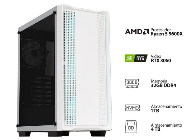 PC Gamer Powerbit BYTE XVIII WHITE:
Procesador AMD Ryzen 5 5600X (hasta 4.6 GHz),
Memoria de 32GB DDR4,
NVMe M.2 de 1TB,
Disco Duro de 4TB,
Video NVIDIA GeForce RTX 3060 con 12GB GDDR6,
S.O. Windows 11 Home (Versión de prueba).