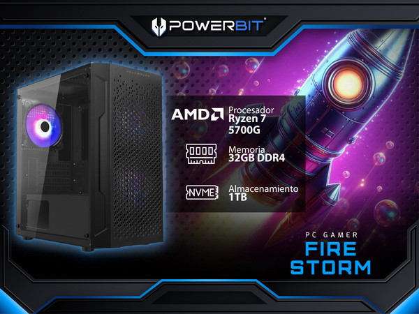 PC Gamer Powerbit Fire Storm: 
Procesador AMD Ryzen 7 5700G (hasta 4.6 GHz), 
Memoria de 32GB DDR4, 
SSD de 1TB, 
Video Radeon Graphics, 
S.O. Windows 11 Home (Versión de Prueba).
Incluye 3 Ventiladores RGB.