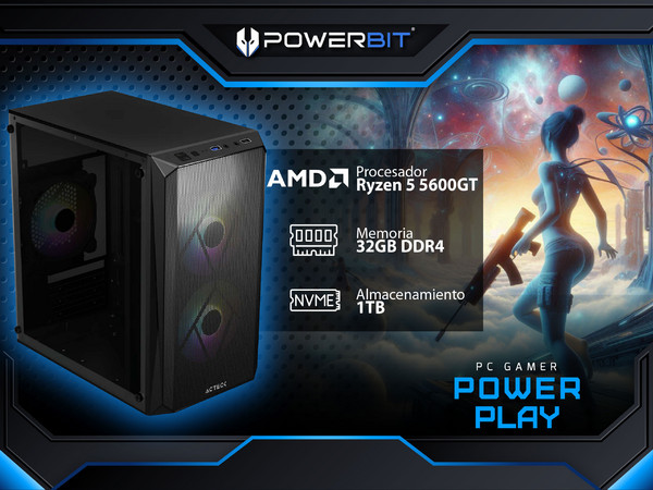PC Gamer Powerbit Power Play: 
Procesador AMD Ryzen 5 5600GT (hasta 4.6 GHz), 
Memoria de 32GB DDR4, 
SSD de 1TB, 
Video Radeon Graphics, 
S.O. Windows 11 Home (Versión de Prueba),
Incluye 3 Ventiladores RGB.