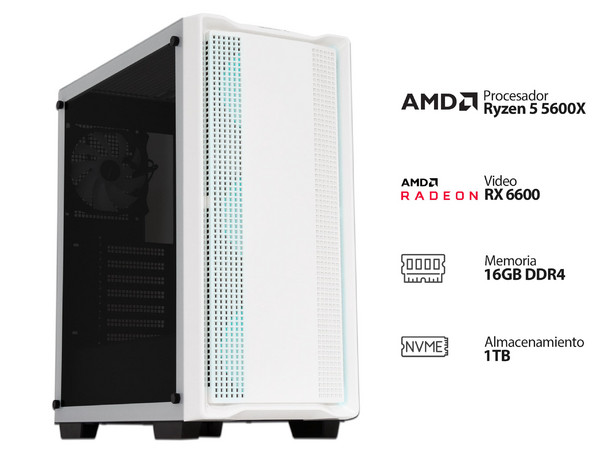 PC Gamer Powerbit BYTE XXIV:
Procesador AMD Ryzen 5 5600X (hasta 4.6 GHz),
Memoria de 16GB DDR4,
NVMe M.2 de 1TB,
Video AMD Radeon RX 6600 con 8GB GDDR6,
S.O. Windows 11 Home (Versión de prueba)