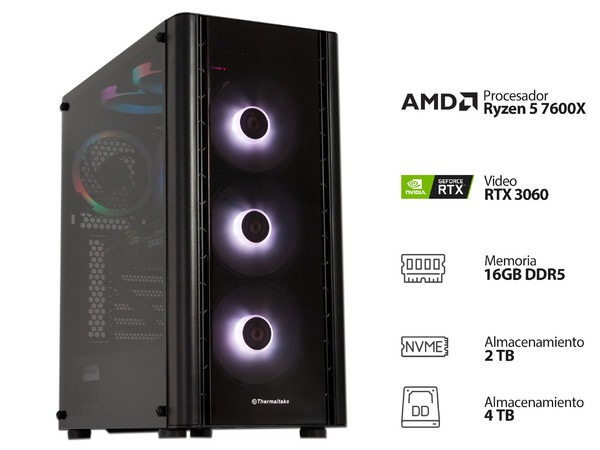 PC Gamer Powerbit MEGA I BLACK:
Procesador AMD Ryzen 5 7600X (hasta 5.3 GHz),
Memoria de 16GB DDR5,
NVMe M.2 de 2TB,
Disco Duro de 4TB,
Video NVIDIA GeForce RTX 3060 con 12GB GDDR6,
S.O. Windows 11 Home (Versión de prueba)
