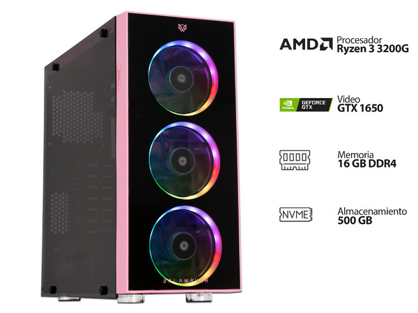 PC Gamer Powerbit BYTE I PINK:
Procesador AMD Ryzen 3 3200G (hasta 4.0 GHz), 
Memoria de 16GB DDR4,
NVMe M.2 de 500GB,
Video NVIDIA GeForce GTX 1650 con 4GB GDDR6,
S.O. Windows 11 Home (Versión de prueba)