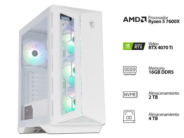 PC Gamer Powerbit MEGA XI WHITE:
Procesador AMD Ryzen 5 7600X (hasta 5.3 GHz),
Memoria de 16GB DDR5,
NVMe M.2 de 2TB,
Disco Duro de 4TB,
Video NVIDIA GeForce RTX 4070 Ti con 12GB GDDR6X,
S.O. Windows 11 Home (Versión de prueba)