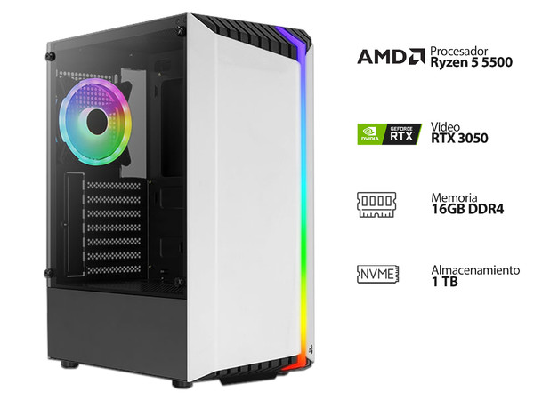 PC Gamer Powerbit BYTE XXII WHITE: 
AMD Ryzen 5 5500 (hasta 4.2 GHz)
Memoria de 16GB DDR4,
NVMe M.2 de 1TB,
Video NVIDIA RTX 3050 con 8GB GDDR6,
S.O. Windows 11 Home (Versión de prueba)