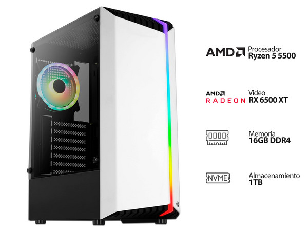 PC Gamer Powerbit BYTE XXXI WHITE:
Procesador AMD Ryzen 5 5500 (hasta 4.2 GHz),
Memoria de 16GB DDR4,
NVMe M.2 de 1TB,
Video AMD Radeon RX 6500 XT con 4GB GDDR6,
S.O. Windows 11 Home (Versión de prueba).