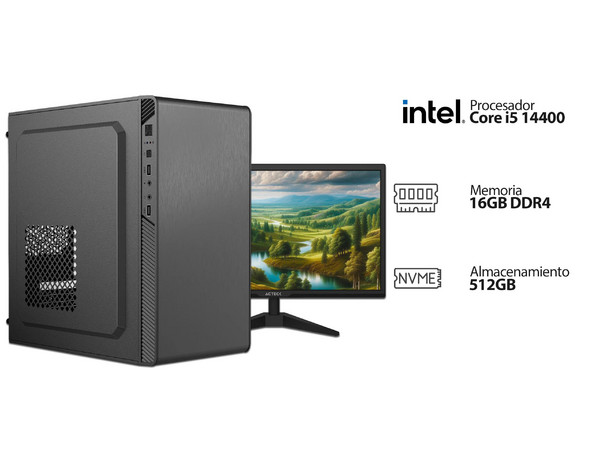 PC Gamer Powerbit: 
Procesador Intel Core i5 14400 (hasta 4.7 GHz), 
Memoria de 16GB DDR4,
SSD de 512GB, 
Video UHD Graphics 730,
S.O. Windows 11 Home (Versión de Prueba).
Incluye Kit de Teclado y Mouse, 
Incluye Monitor de 19.5