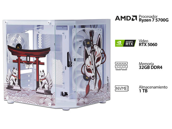 PC Gamer Powerbit: 
Procesador AMD Ryzen 7 5700G (hasta 4.6 GHz),
Memoria de 32GB DDR4, 
SSD de 1TB, 
Video NVIDIA GeForce RTX 5060, 
S.O. Windows 11 Home (Versión de Prueba).