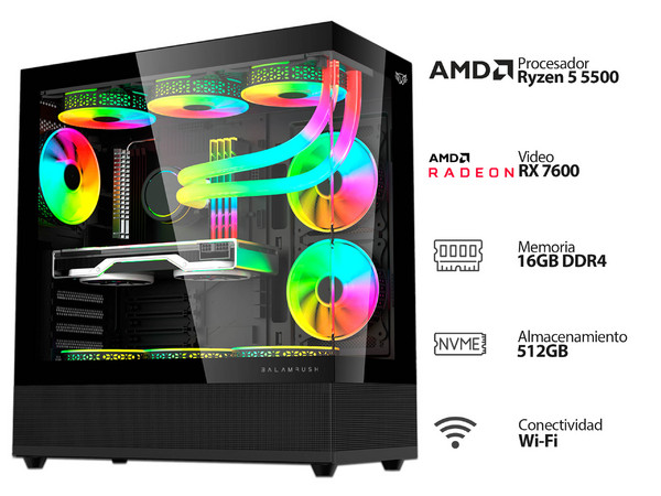 PC Gamer Powerbit: 
Procesador AMD Ryzen 5 5500 (hasta 4.2 GHz), 
Memoria de 16GB DDR4, 
M.2 de 512GB, 
Video AMD Radeon RX 7600, 
Wi-Fi, 
Fuente de Poder de 750W 80 PLUS Bronze, 
S.O. Windows 11 Home (Versión de Prueba)