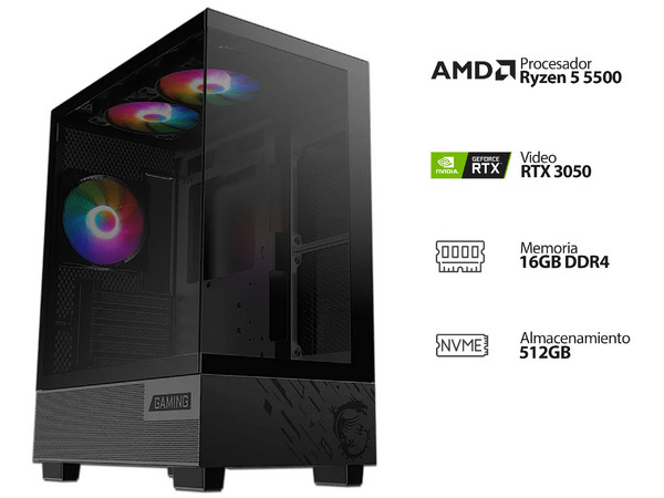 PC Gamer Powerbit Powerbit ZeroGravity,
CPU AMD Ryzen 5 5500 (hasta 4.2 Ghz),
Memoria de 16GB DDR4,
SSD M.2 de 512GB,
Video GeForce RTX 3050 LP,
700W 80 Plus Bronze,
S.O. Windows 11 Home (Versión de prueba),
Panel Cristal Templado, 3 Ventiladores.